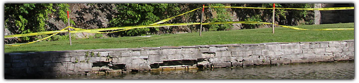 Wall in disrepair at Chaffeys Lock, 2012